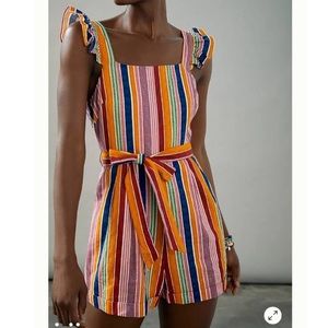 Anthropologie Farm Rio Reyes Striped Romper Womens Small Linen Blend Multi Color